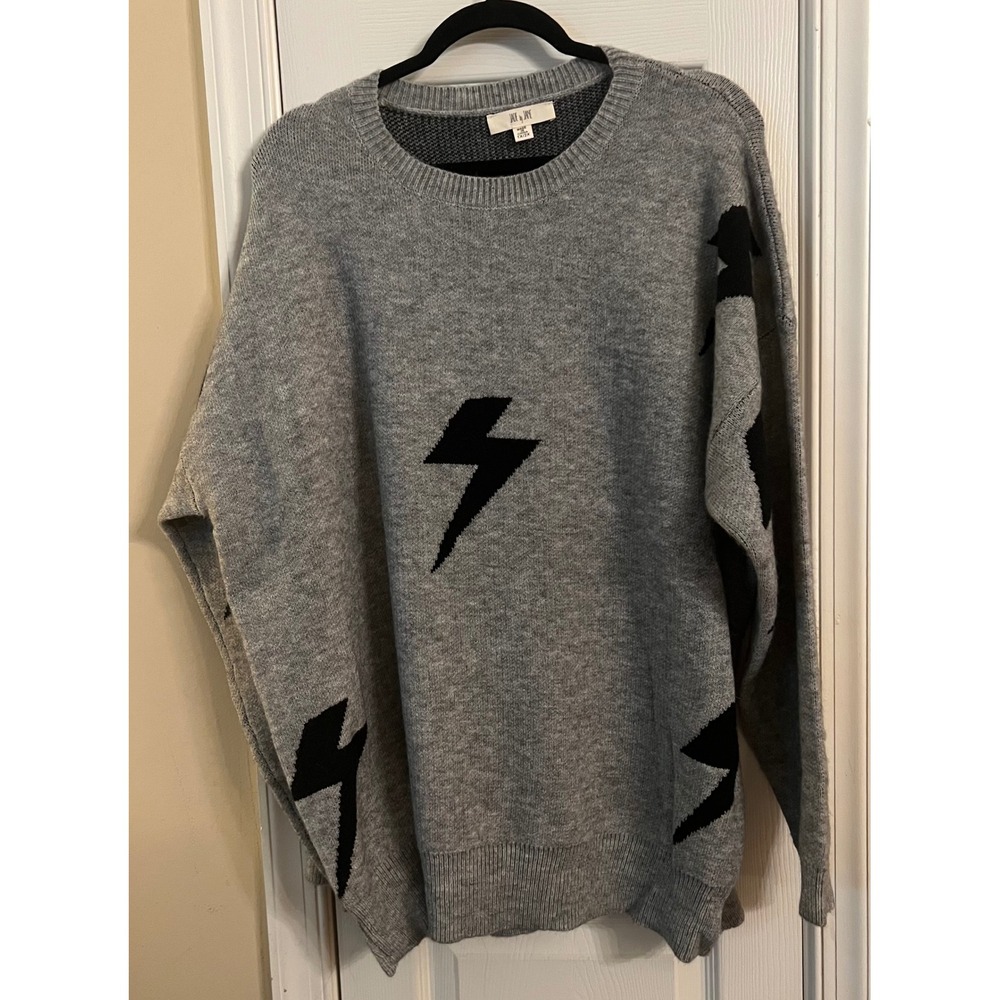 Jade by Jane Womens Lightning Bolt Oversized Sweater Gray Black 1X/2X 10667 NWOT
